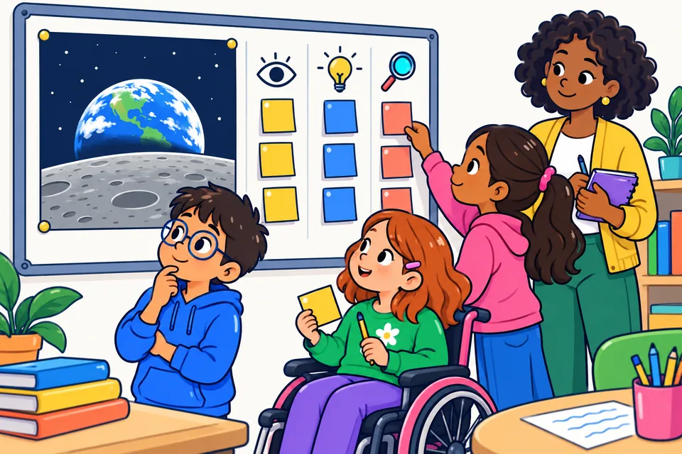 Ilustración: en un aula, una fotografía de la Tierra que asoma sobre el horizonte de la Luna está colgada junto a una pared con tres columnas de notas adhesivas, una amarilla bajo un ojo, otra azul bajo una bombilla y otra coral bajo una lupa. Una niña pega una nota, un niño con gafas mira la foto pensativo, una niña en silla de ruedas sostiene una nota y un lápiz, y la maestra escucha con un cuaderno.