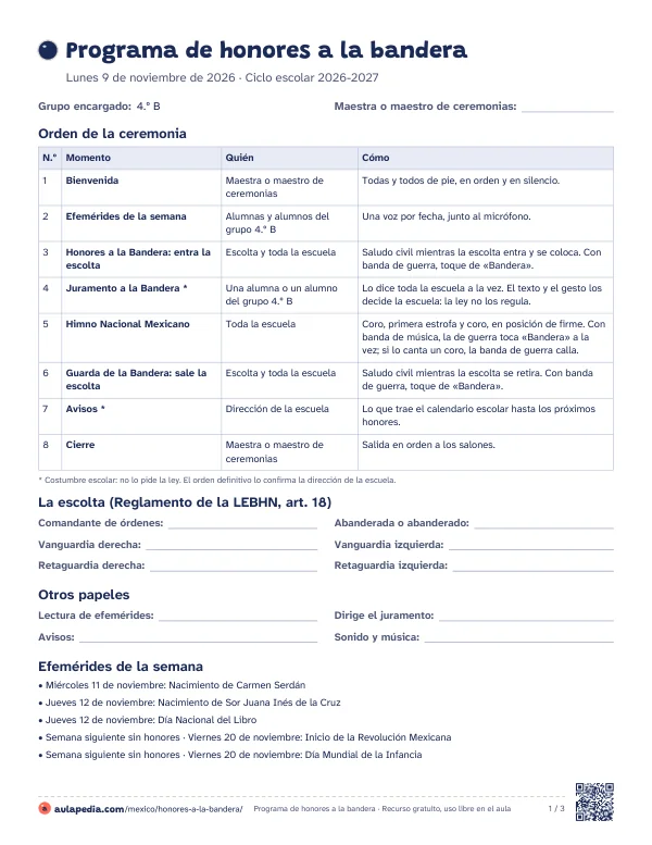 Primera hoja del programa de honores del lunes 9 de noviembre de 2026: el título, el grupo encargado, la tabla «Orden de la ceremonia» con ocho momentos, quién hace cada uno y cómo, los seis cargos de la escolta y los otros papeles con renglones para escribir los nombres.