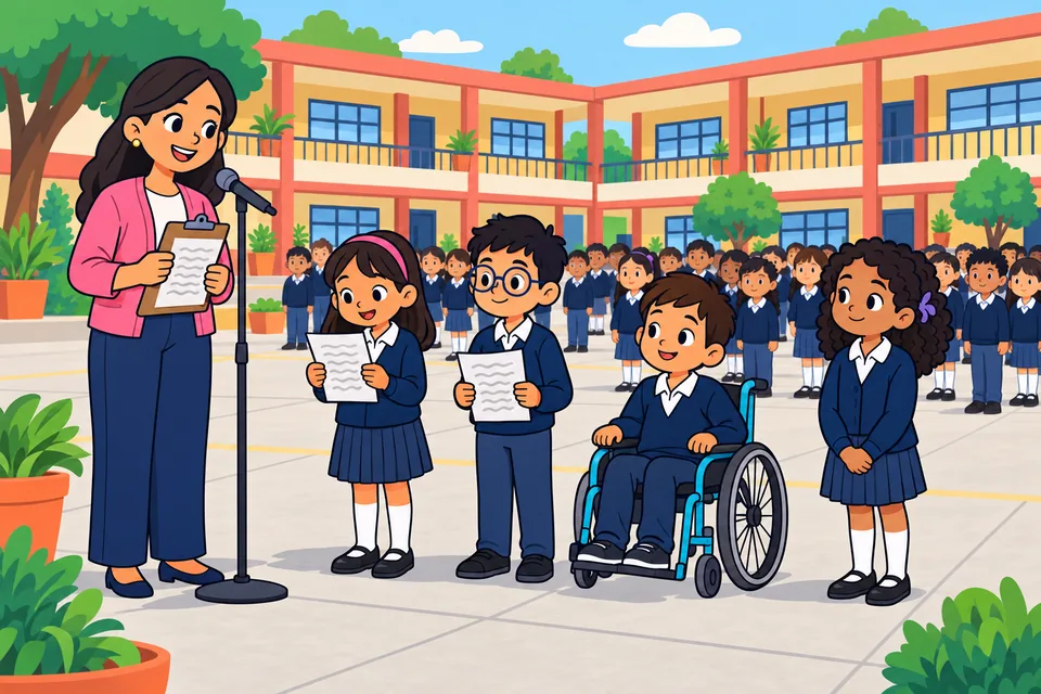 Ilustración: en el patio de una escuela primaria, una maestra con una hoja en la mano habla frente a un micrófono; a su lado, cuatro alumnos de uniforme esperan su turno, dos con hojas para leer y uno en silla de ruedas, y al fondo el resto de la escuela está formado en filas.