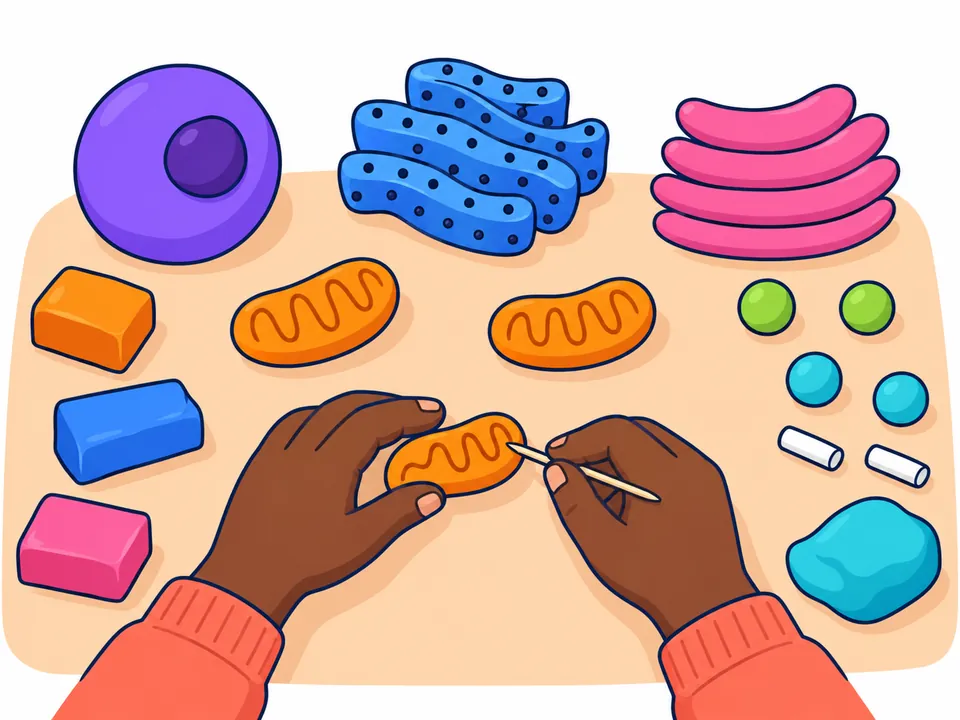 Dos manos marcan con un palillo una línea en zigzag en una mitocondria naranja de plastilina; en la mesa esperan el núcleo morado con su nucléolo, cintas azules con puntitos, una pila de láminas rosas, bolitas verdes y turquesa, dos cilindros blancos y bloques de plastilina.