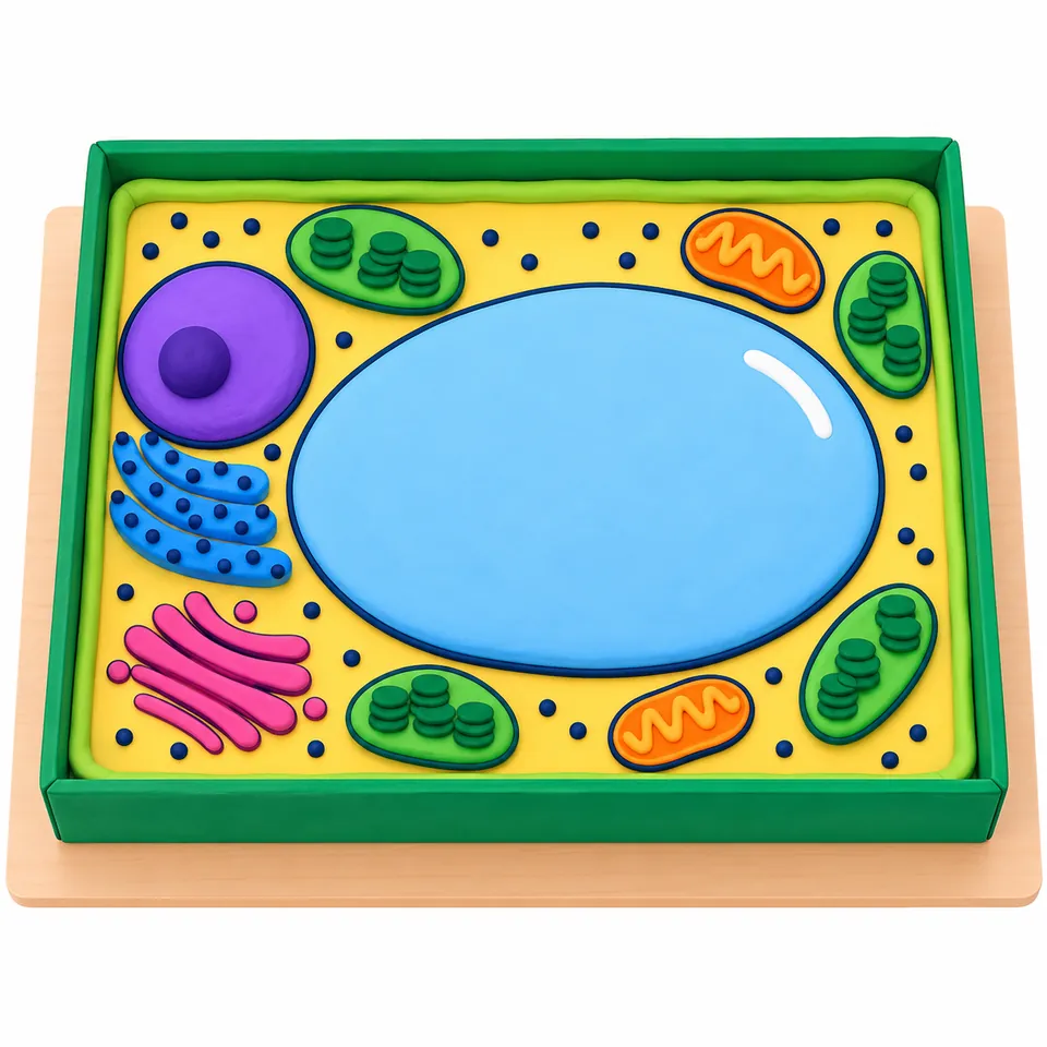 La tapa rectangular de una caja de zapatos, vista desde arriba, con los bordes gruesos pintados de verde y una tira fina de plastilina verde lima por dentro. El fondo es amarillo claro y casi todo lo ocupa un óvalo grande de plastilina azul claro. Entre el óvalo y el borde izquierdo, un núcleo morado con su nucléolo y una cinta azul con puntitos; alrededor, cuatro cloroplastos verdes con pilas de discos, dos mitocondrias naranjas, láminas rosas curvas y puntitos azul oscuro.