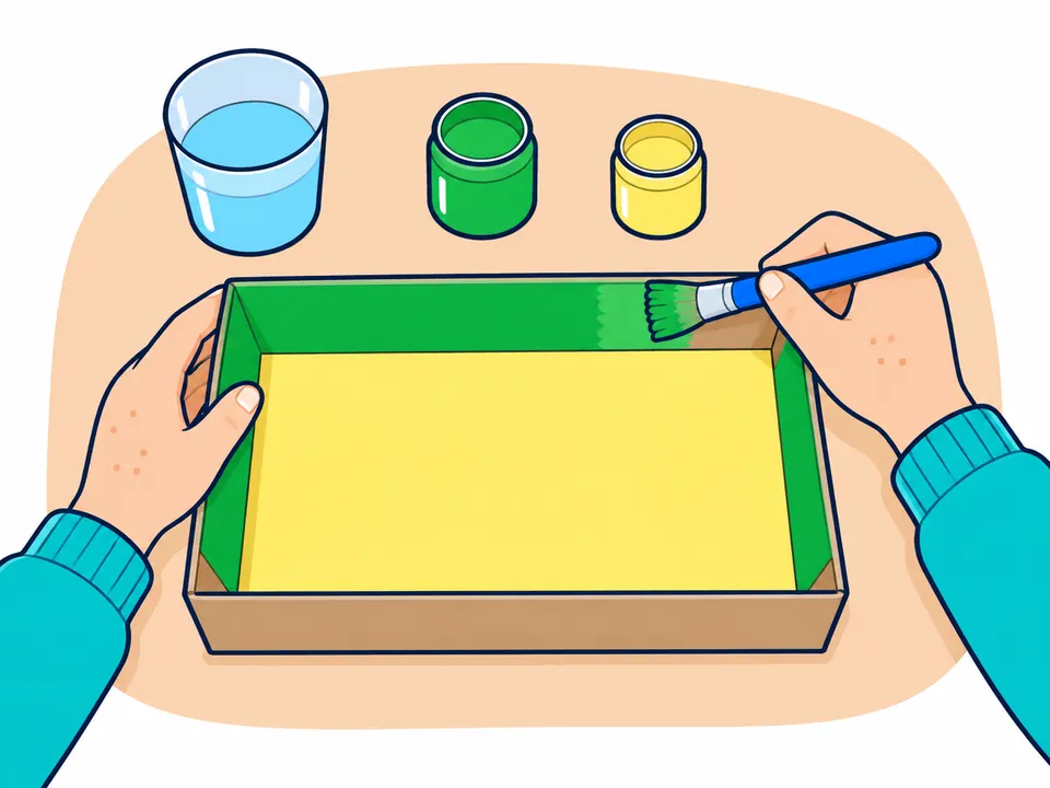 Dos manos pintan de verde con un pincel los bordes de la tapa de una caja de cartón puesta boca arriba; el fondo ya es amarillo claro y al lado hay dos botes de pintura y un vaso de agua.