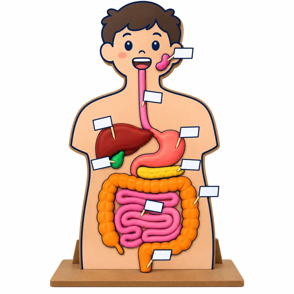 Maqueta del sistema digestivo terminada: una silueta de cartón de un niño, de cabeza y tronco, sobre un soporte. Un popote rosa baja de la boca al estómago, que tiene forma de jota y está a la derecha del dibujo; a la izquierda, el hígado café rojizo con la vesícula verde debajo; bajo el estómago, el páncreas amarillo; en el centro de la barriga, el intestino delgado de estambre rosa enrollado, y alrededor, el intestino grueso naranja, que termina abajo en el recto. Junto a la mandíbula hay una glándula salival rosa. Nueve banderitas en blanco señalan las partes.