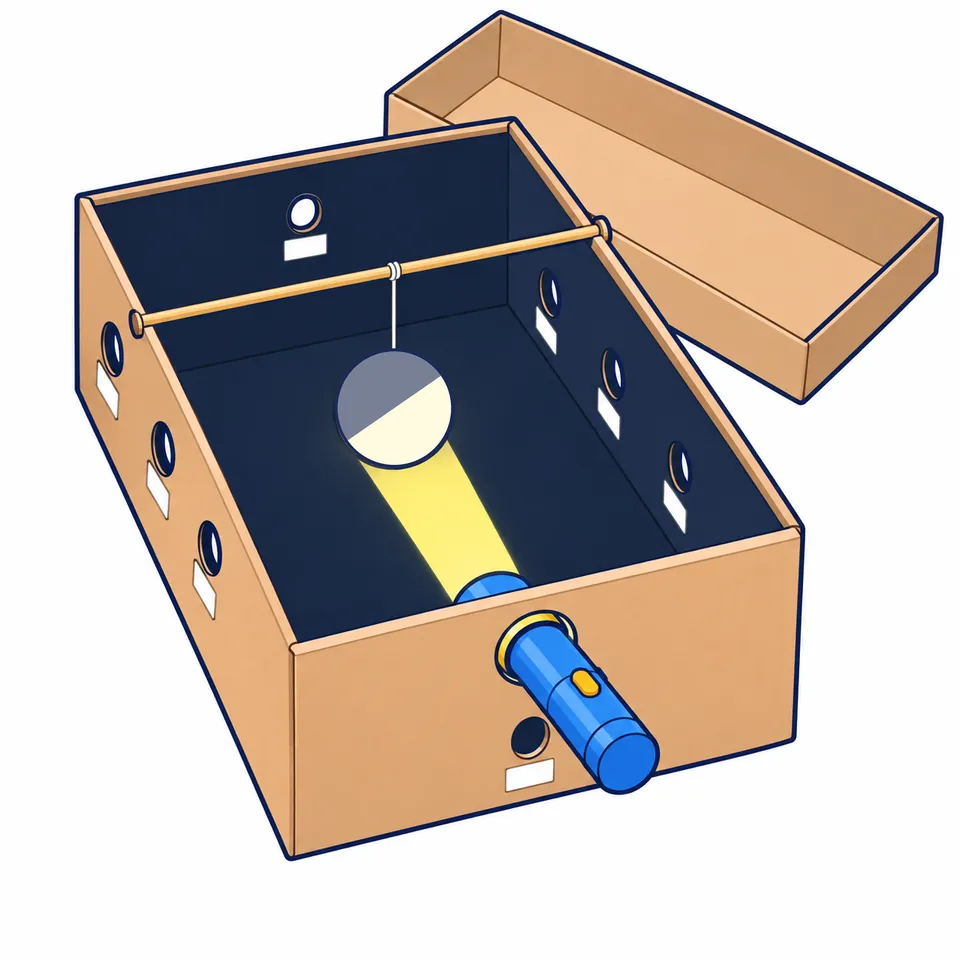 Una caja de zapatos sin tapa, pintada de negro por dentro, con la tapa al lado. Un palito cruza la caja por arriba y de él cuelga con un hilo una bola blanca en el centro. Por un agujero de la pared corta de delante entra una linterna encendida que ilumina la mitad de la bola que la mira. En las paredes hay ocho agujeros pequeños a la altura de la bola: uno en la pared del fondo, tres en cada pared larga y uno debajo de la linterna, cada uno con una etiqueta blanca sin escribir.