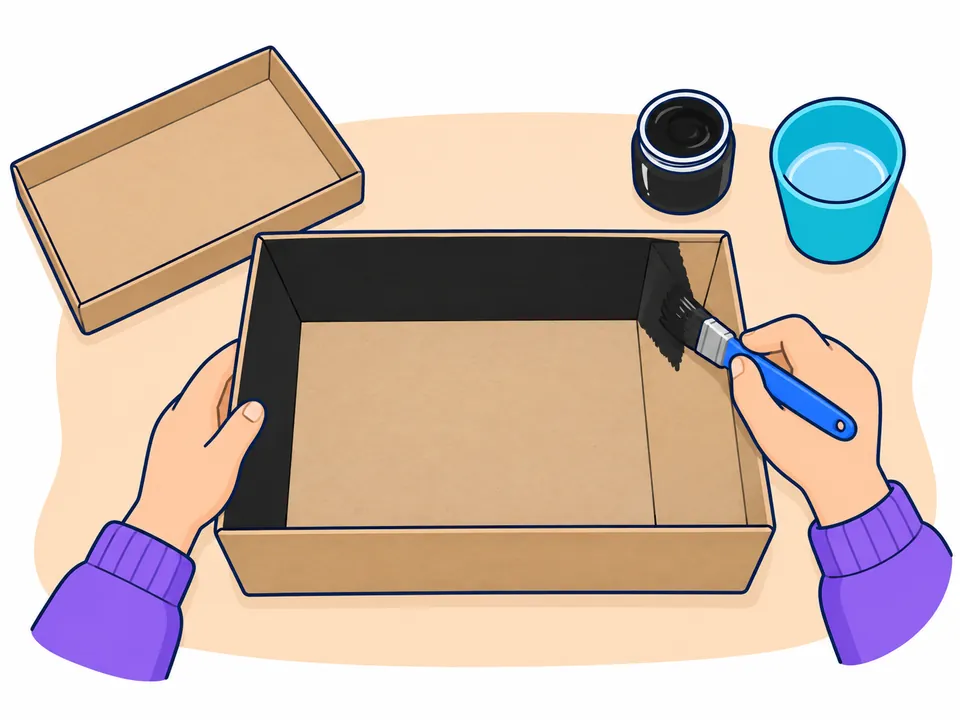 Dos manos pintan de negro con un pincel las paredes de dentro de una caja de zapatos sin tapa; dos paredes ya están negras y al lado hay un bote de pintura, un vaso de agua y la tapa.