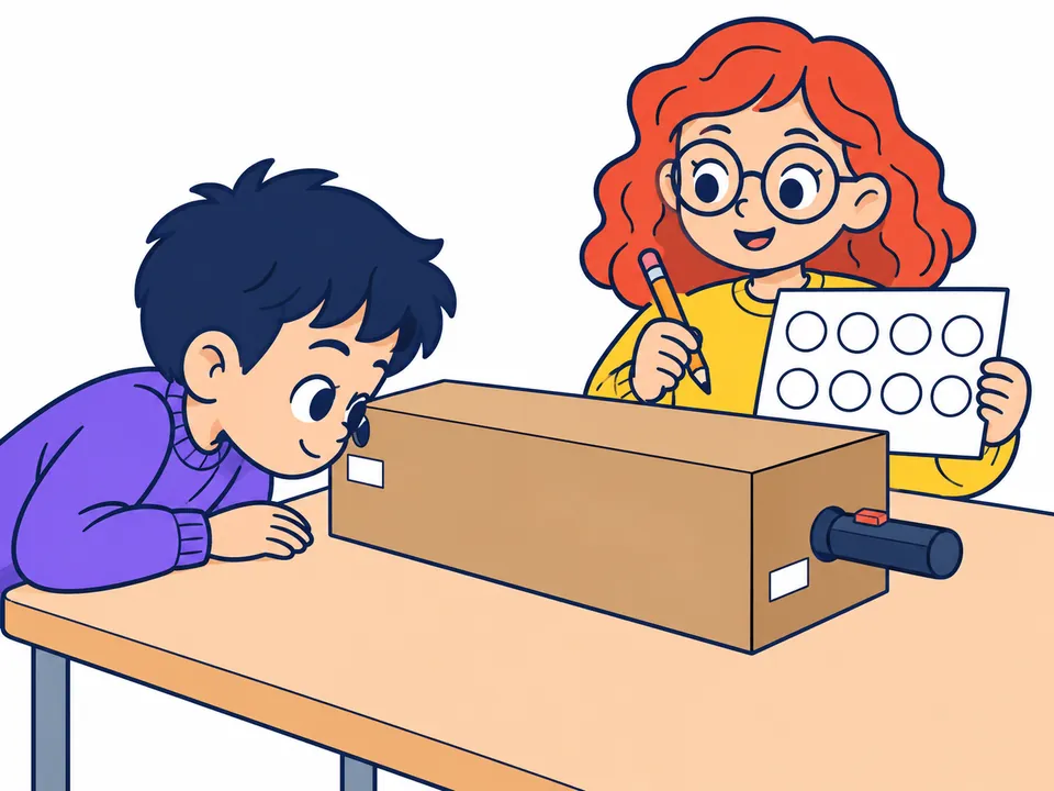 En un aula con poca luz, un niño se agacha y mira con un ojo por un agujero de una caja cerrada; por la pared corta del otro extremo está metida la cabeza de una linterna y fuera solo asoma su mango. A su lado, una niña con gafas espera con un lápiz y una hoja con ocho círculos vacíos.