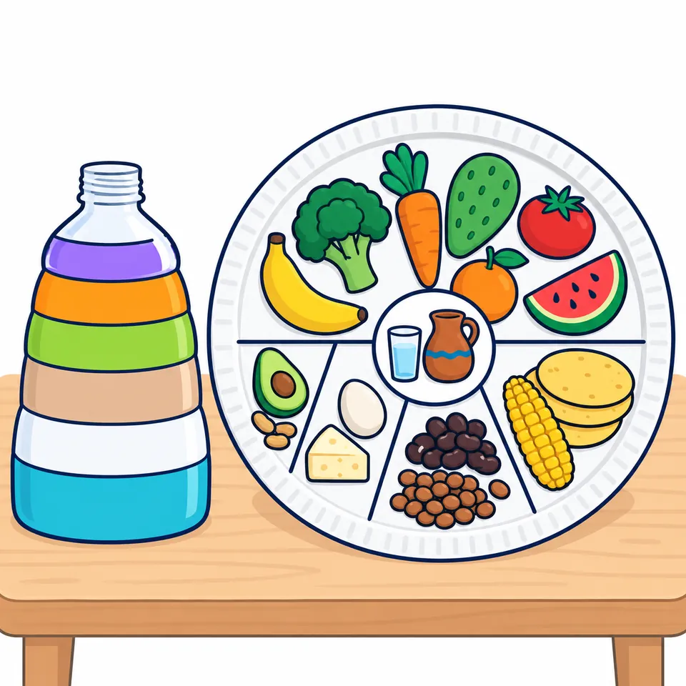 Dos maquetas sobre una mesa. A la derecha, un plato de cartón dividido con líneas negras: la mitad de arriba con verduras y frutas de plastilina (brócoli, zanahoria, nopal, jitomate, plátano, naranja y sandía); en la de abajo, de izquierda a derecha, un aguacate con cacahuates, un huevo con queso, frijoles y lentejas, y tortillas con un elote, el sector más grande; en el centro, una jarra de barro y un vaso de agua. A la izquierda, una botella de plástico con seis franjas de colores de abajo arriba: azul claro, blanca, café claro, verde, naranja y morada.