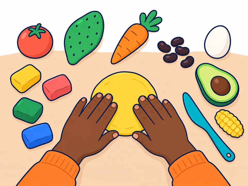Dos manos aplanan una bola de plastilina amarilla para hacer una tortilla; en la mesa esperan un jitomate, un nopal, una zanahoria, frijoles, un huevo, medio aguacate y un elote de plastilina.