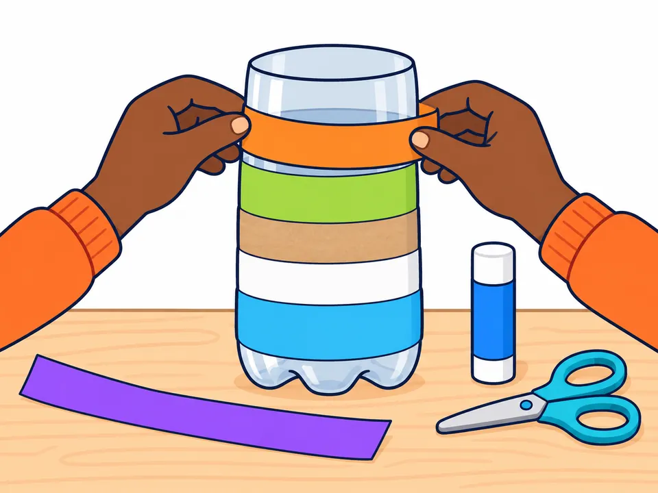 Dos manos pegan una franja de papel naranja alrededor de una botella de plástico que ya tiene, de abajo arriba, franjas azul claro, blanca, café claro y verde; en la mesa quedan una tira morada, unas tijeras y una barra de pegamento sin etiqueta.
