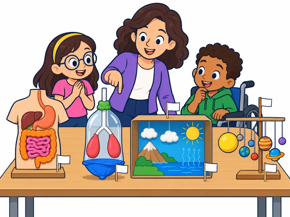 Ilustración: una mesa de feria de ciencias con cuatro maquetas escolares: una silueta de cartón con los órganos del aparato digestivo de plastilina, una botella con dos globos dentro que hacen de pulmones, una caja de zapatos con el ciclo del agua y un móvil de planetas. Detrás, una niña con gafas y un niño en silla de ruedas las miran, y una maestra señala la botella.