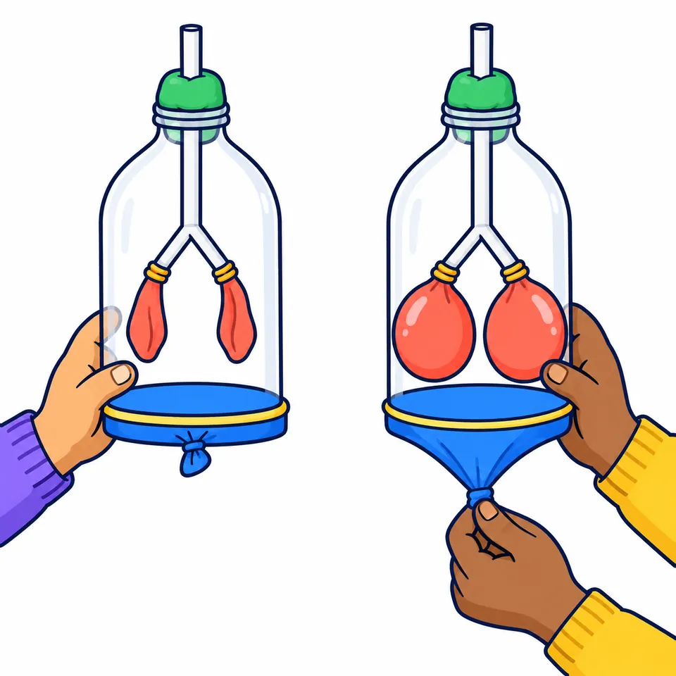 Dos maquetas iguales de los pulmones, una al lado de la otra, cada una sostenida en alto por la mano de un niño: botellas de plástico transparentes sin fondo, con un popote que entra por un tapón de plastilina verde y se divide en dos dentro de la botella, cada rama con un globo rojo, y un globo azul estirado tapando la base. En la de la izquierda, en reposo, el globo azul está plano, su nudo cuelga y los rojos cuelgan desinflados; en la de la derecha, la otra mano del niño tira hacia abajo del nudo del globo azul y los dos globos rojos se ven inflados.