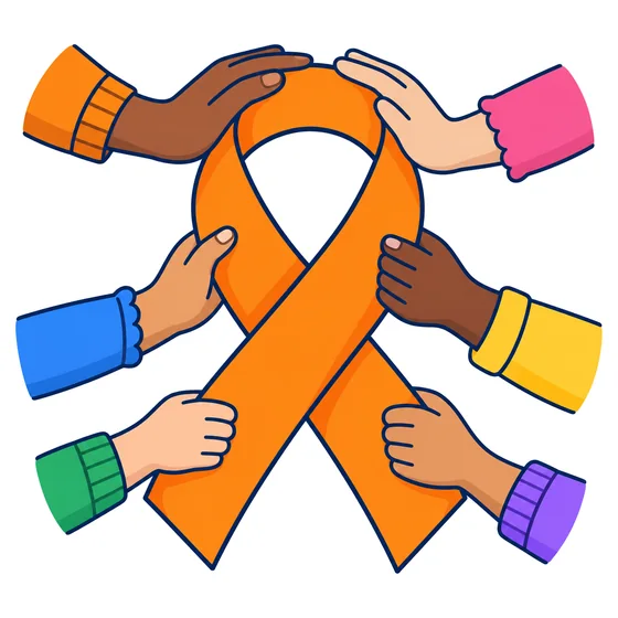Manos de personas diversas sostienen juntas un gran listón naranja.