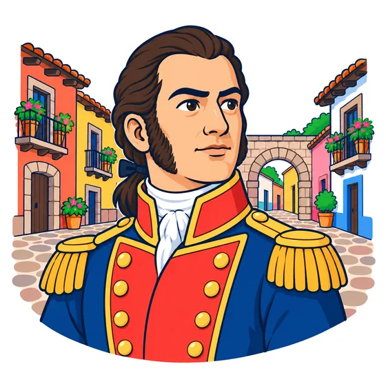 Ilustración de Ignacio Allende con uniforme de oficial novohispano, patillas y el cabello atado, en una calle empedrada de un pueblo colonial con balcones y un arco de piedra.