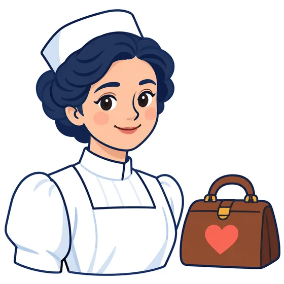 Ilustración de Elena Arizmendi con cofia y uniforme blanco de enfermera, junto a un maletín con un corazón.