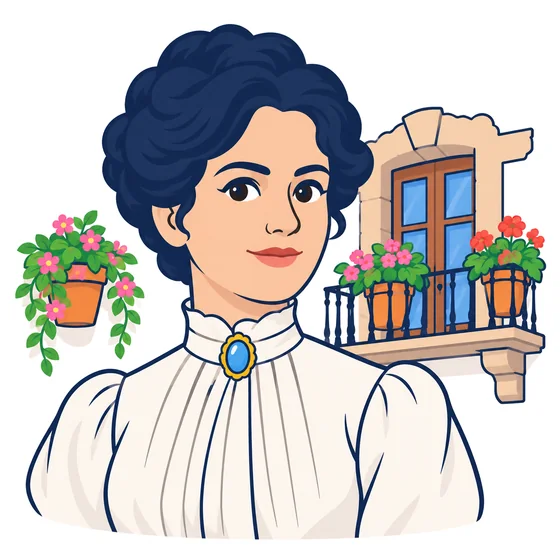 Ilustración de Carmen Serdán con blusa blanca de cuello alto y un broche, delante de un balcón con macetas de flores.