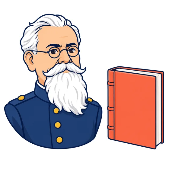 Ilustración de Venustiano Carranza con barba blanca larga, anteojos redondos y chaqueta abotonada, junto a un libro cerrado que representa la Constitución de 1917.