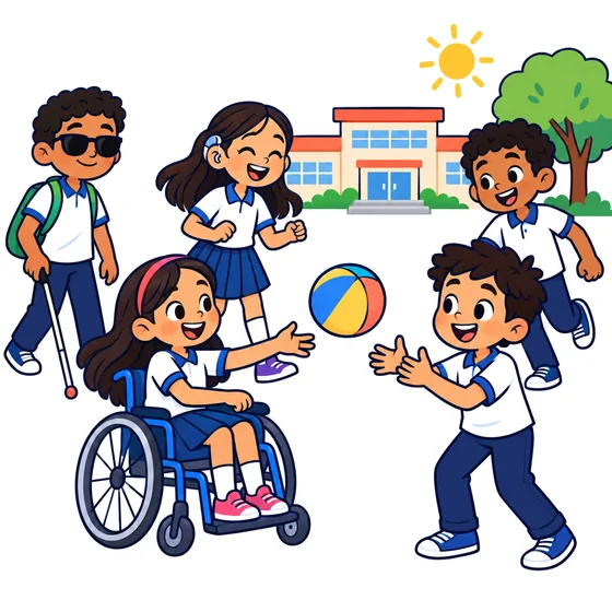 Niñas y niños juegan juntos en el patio de la escuela: una niña en silla de ruedas pasa la pelota, un niño camina con bastón blanco y otra niña usa un aparato auditivo.