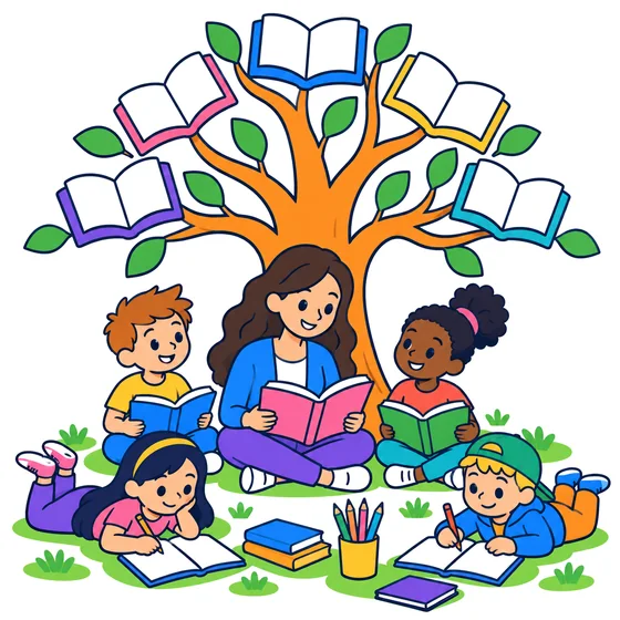 Niñas, niños y una persona adulta leen y escriben bajo un árbol cuyas hojas son libros abiertos.