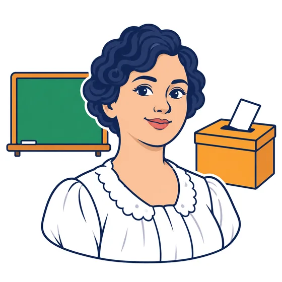 Ilustración de Elvia Carrillo Puerto con cabello corto ondulado y blusa blanca, frente a un pizarrón y una urna para votar.
