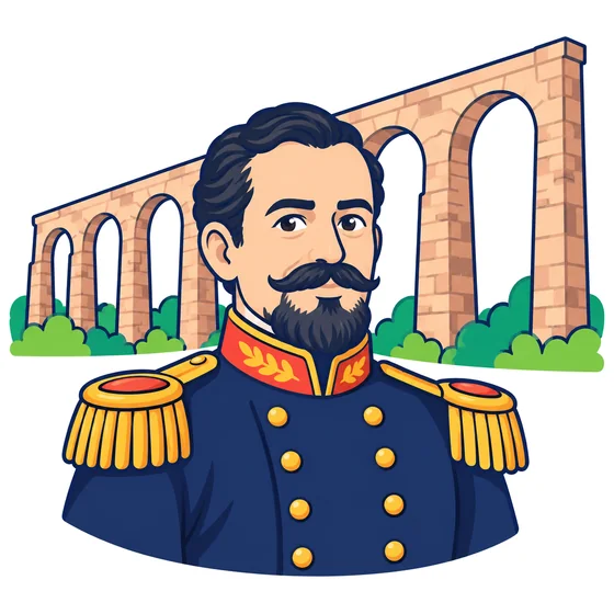 Ilustración de Mariano Escobedo con bigote, barba corta y uniforme de general del siglo XIX, delante de los arcos del acueducto de Querétaro.