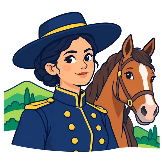 Ilustración de Ignacia Riesch con chaqueta militar azul del siglo XIX y sombrero de ala ancha, con un caballo y cerros al fondo.