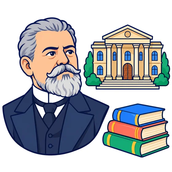 Ilustración de Justo Sierra con barba poblada y traje oscuro, junto a una pila de libros y un edificio universitario con columnas.