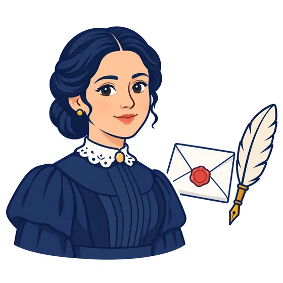 Ilustración de Margarita Maza con el cabello recogido y vestido oscuro de cuello alto con encaje blanco, junto a una carta con sello de cera y una pluma.