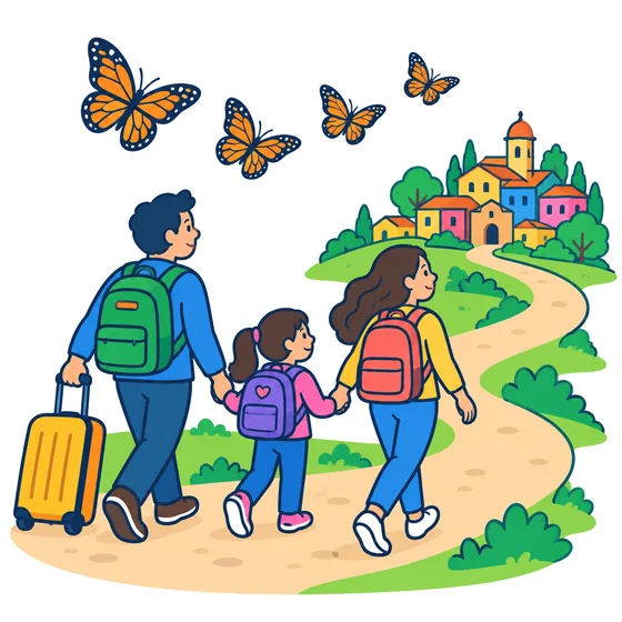 Una familia con mochilas y una maleta camina de la mano por un camino hacia un pueblo de colores; arriba vuelan mariposas monarca.