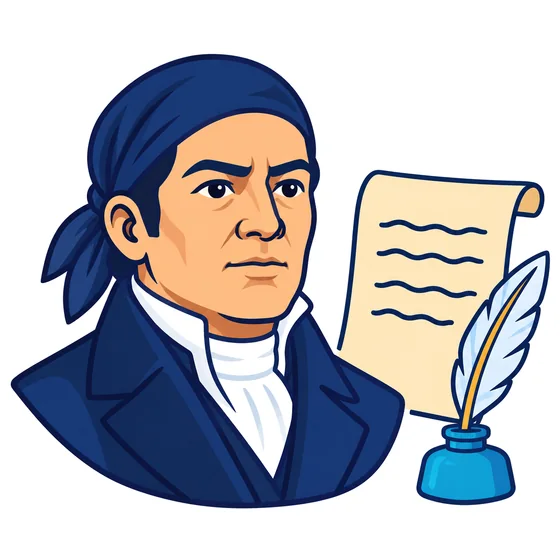 Ilustración de José María Morelos con un paliacate atado en la cabeza y levita oscura de cuello alto, junto a un documento, una pluma y un tintero.