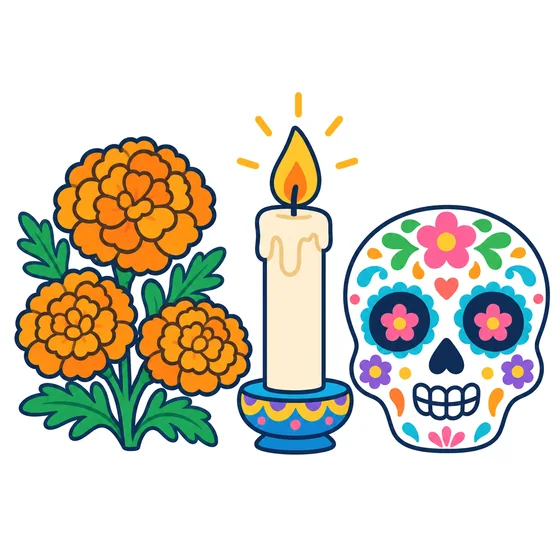 Flores de cempasúchil, una vela encendida y una calavera de azúcar decorada con flores de colores.