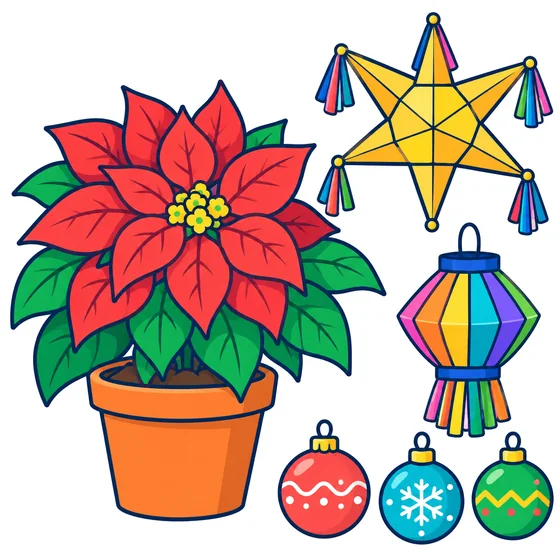Una planta de nochebuena roja en una maceta de barro, una estrella dorada de papel, un farolito de colores y tres esferas.
