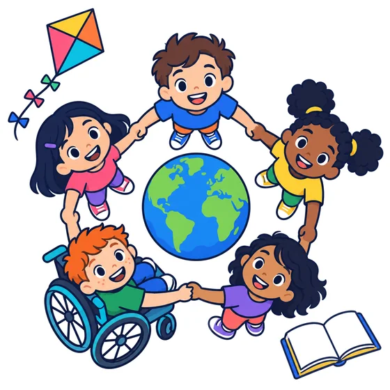 Niñas y niños diversos, uno de ellos en silla de ruedas, se toman de las manos alrededor del planeta Tierra; arriba vuela un papalote.