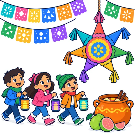 Niñas y niños abrigados caminan con farolitos de papel bajo tiras de papel picado; arriba cuelga una piñata de estrella de siete picos y al lado hay una olla de ponche con guayabas y canela.