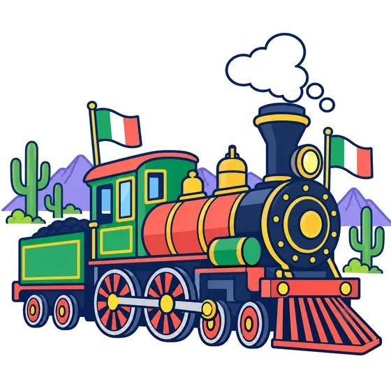 Una locomotora de vapor de colores con dos banderas de México, entre cactus y montañas.