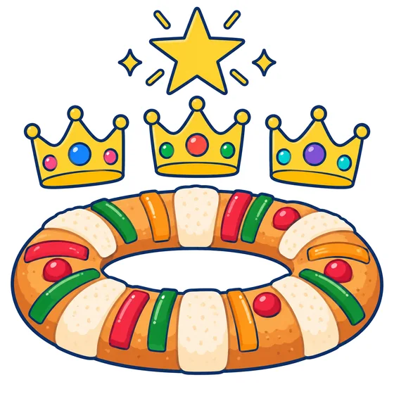 Una rosca de Reyes ovalada con tiras de fruta cristalizada de colores, tres coronas doradas con gemas y una estrella brillante.