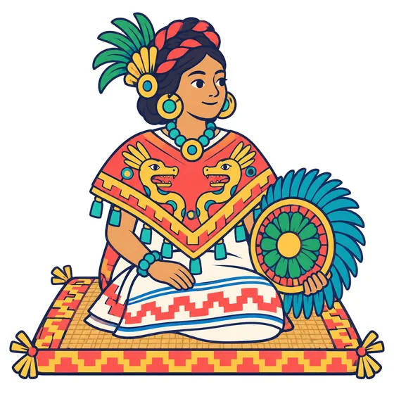 Ilustración de la Señora 6 Mono, inspirada en los códices mixtecos, sentada sobre un petate, con tocado trenzado, orejeras, huipil y quechquémitl de colores, sosteniendo un escudo redondo de plumas.