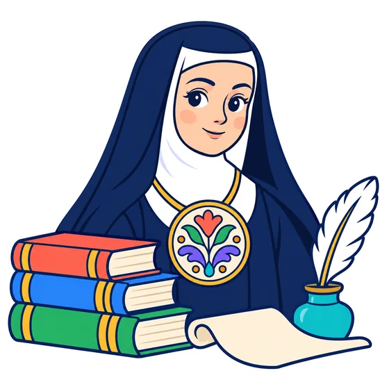 Ilustración de Sor Juana Inés de la Cruz con hábito y escudo de monja, junto a una pila de libros, una pluma y un tintero.