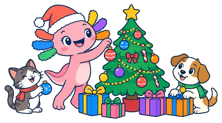 Portada «Axi y el árbol»: Axi, la ajolota de Aulapedia, que decora un árbol de Navidad con un gato y un perrito