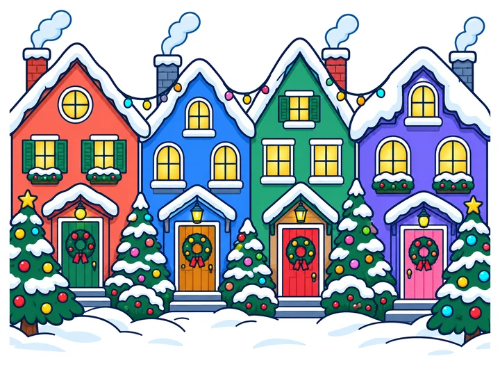 Portada «casitas nevadas»: una fila de casitas nevadas con luces y coronas en las puertas