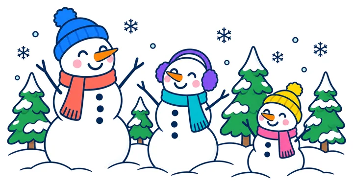 Portada «muñecos de nieve»: tres muñecos de nieve en un parque nevado