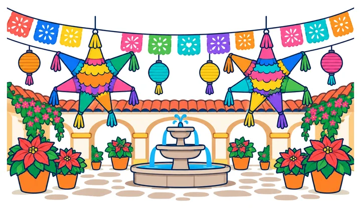 Portada «posada y piñatas»: un patio de posada con piñatas, papel picado, nochebuenas y farolillos
