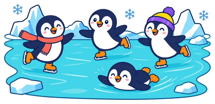 Portada «pingüinos»: cuatro pingüinos que patinan en un lago helado