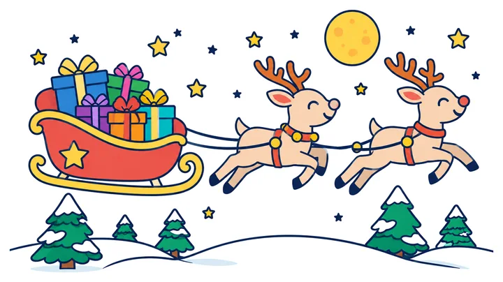 Portada de Navidad: un trineo con regalos tirado por dos renos sobre una colina nevada