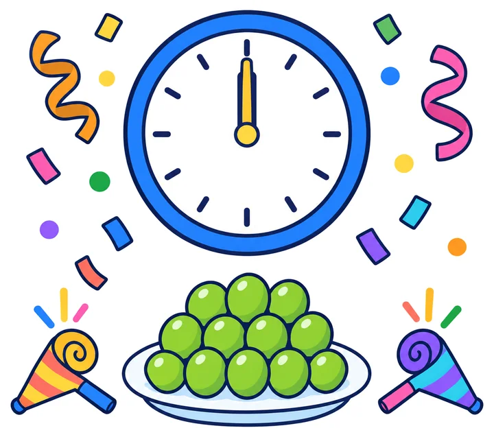 Tarjeta «Reloj de Año Nuevo»: un reloj a las doce con confeti, serpentinas, un plato de uvas y dos cornetas de fiesta