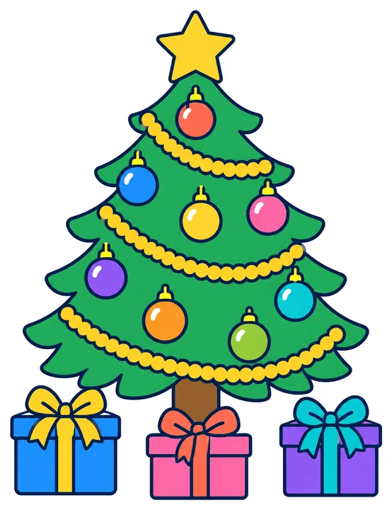 Tarjeta «Árbol de Navidad»: un árbol de Navidad con estrella, bolas, guirnalda y tres regalos