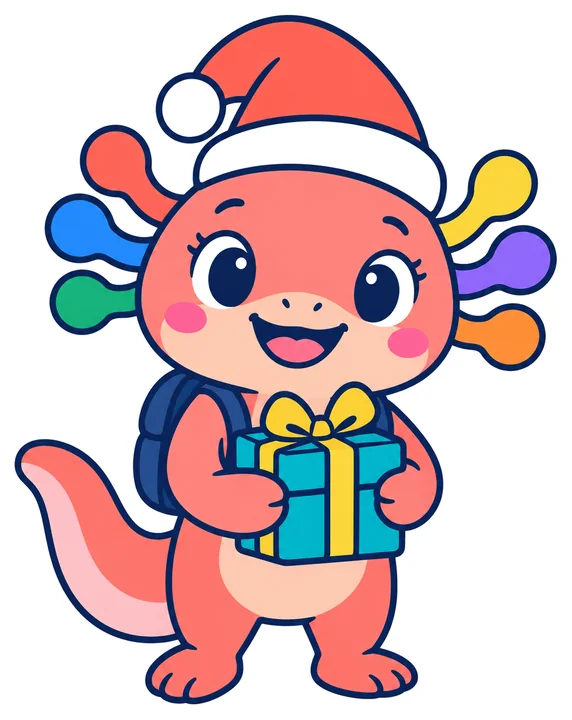 Tarjeta «Axi con regalo»: Axi, la ajolota de Aulapedia, con gorro de Navidad y un regalo
