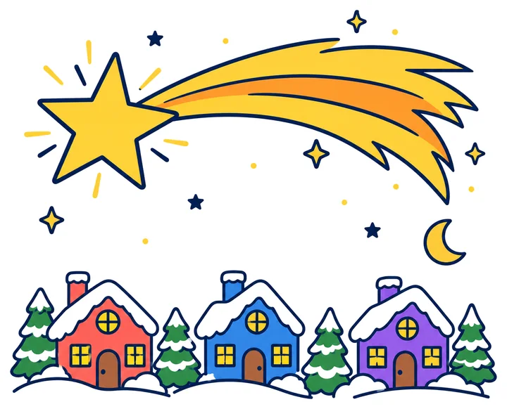 Tarjeta «Estrella y casitas»: una estrella con cola sobre tres casitas nevadas