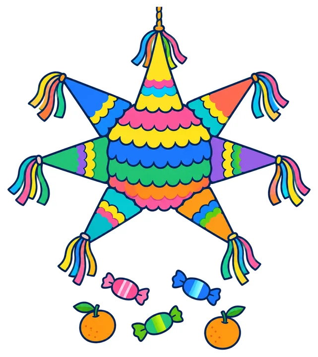 Tarjeta «Piñata de siete picos»: una piñata de siete picos con caramelos que caen
