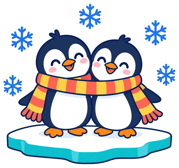 Tarjeta «Pingüinos con bufanda»: dos pingüinos que comparten una bufanda