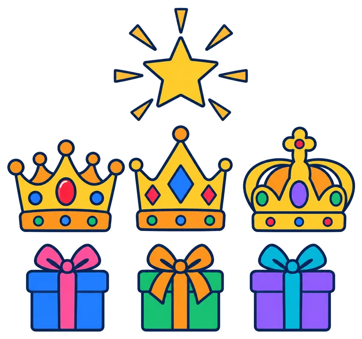 Tarjeta «Tres coronas»: tres coronas, una estrella y tres regalos